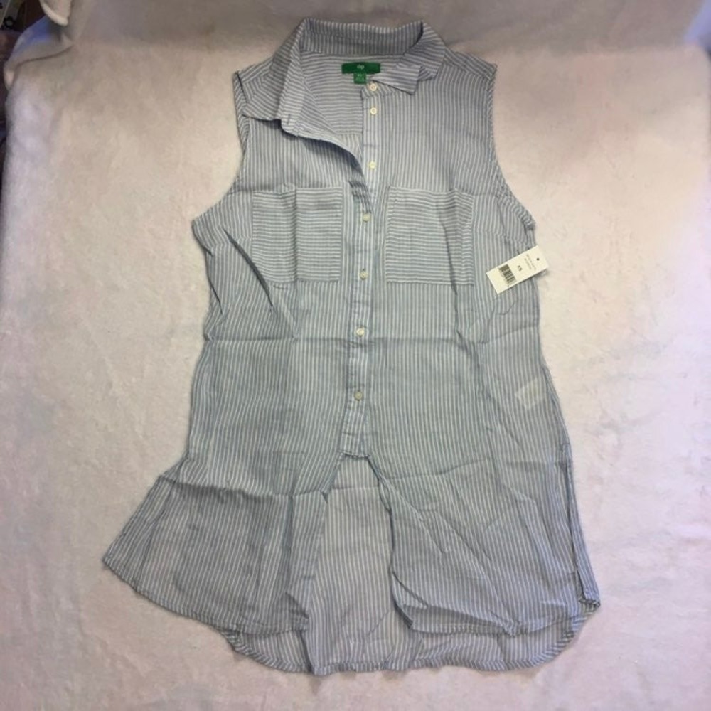 Dip Striped Sleeveless Tunic Women XS Blue White NEW Button Front High Low Hem